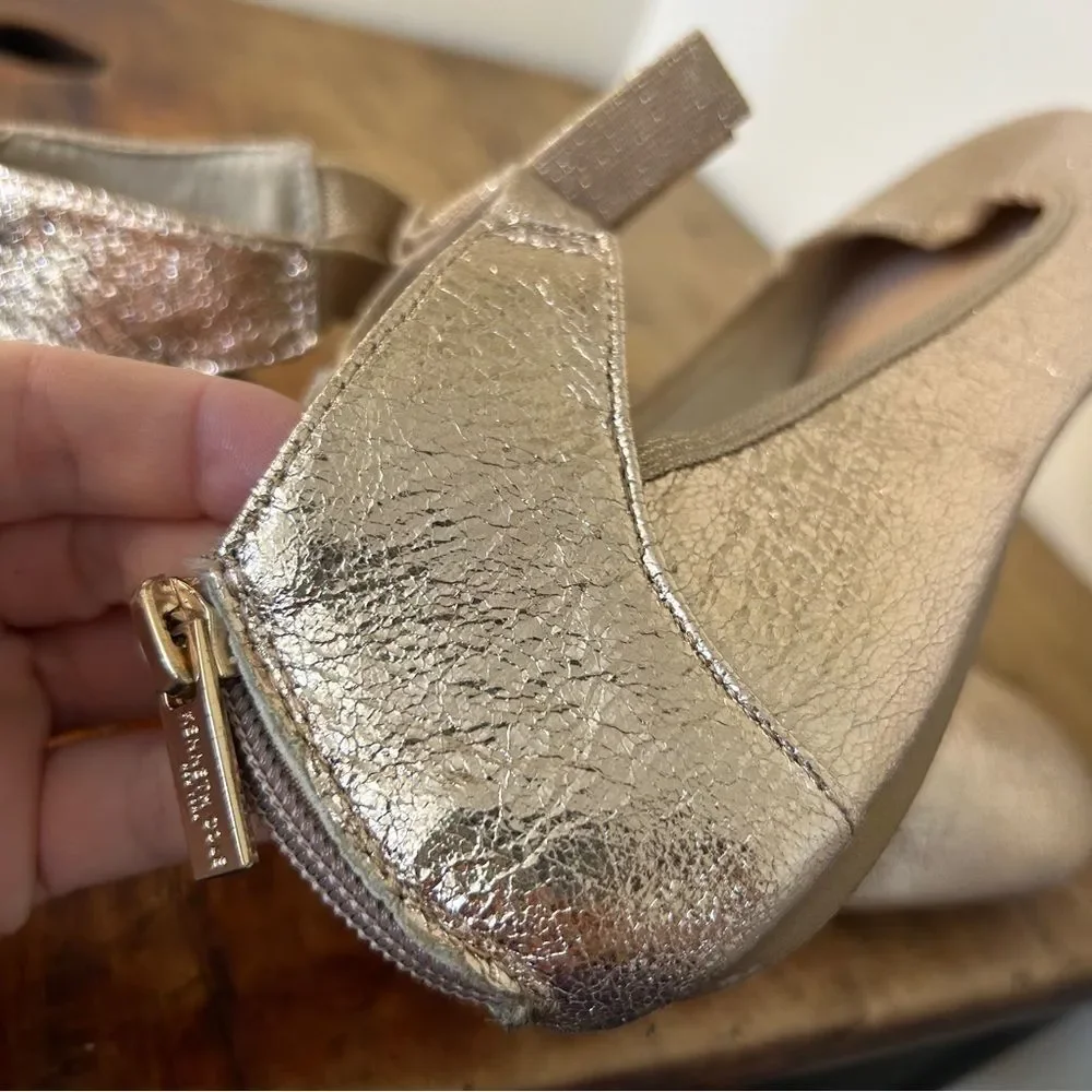 Kenneth Cole Rose Gold Metallic Ankle Strap Flats Shoes Bow Detail Girls 4.5